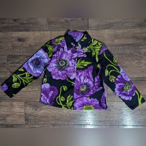 Half Moon Bay Women's Purple Flower Print Collared Shacket w/ Beading Size Med